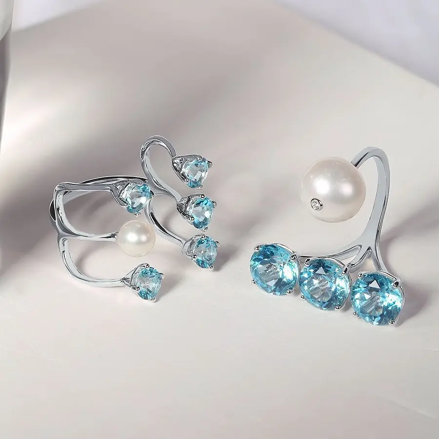 Кольцо с топазом, жемчугом, бриллиантами из белого золота 585 пробы, фото № 7
