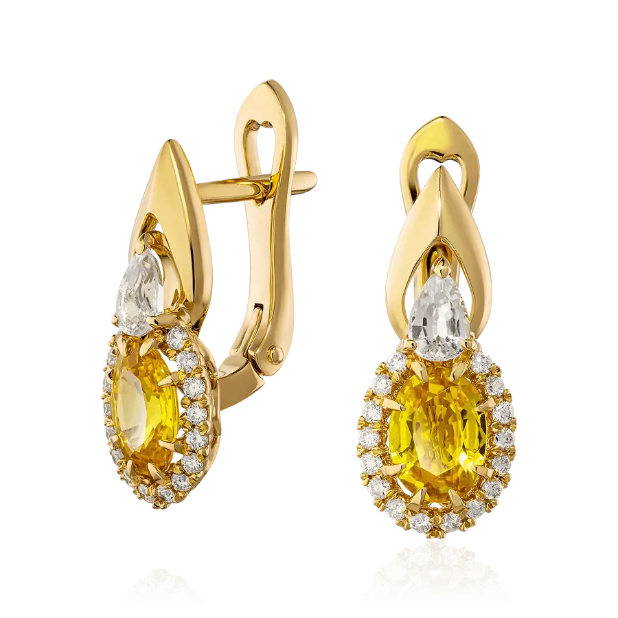 Серьги с сапфиром, бриллиантами из желтого золота 750 пробы, фото № 1