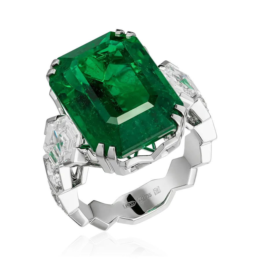 Кольцо с изумрудом, бриллиантами из белого золота 750 пробы, фото № 1