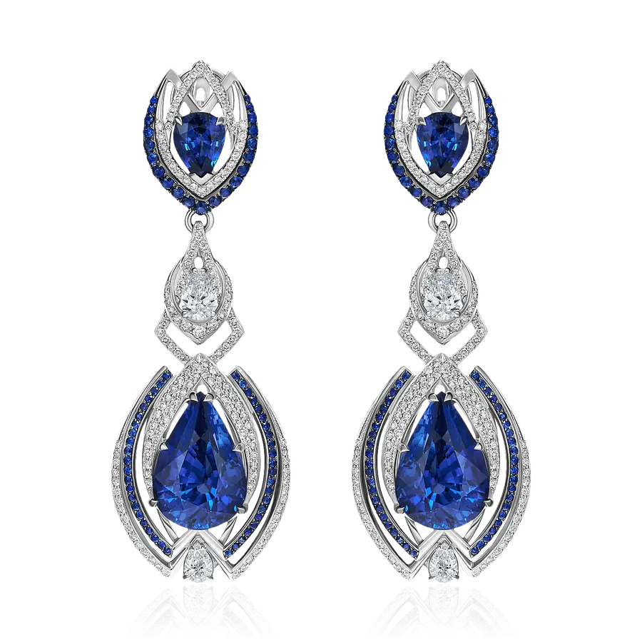 Серьги с сапфиром, бриллиантами из белого золота 750 пробы, фото № 2