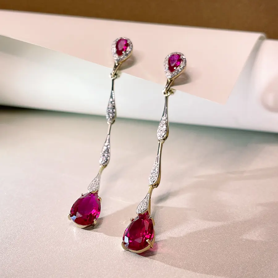 Серьги с корундом, фианитами из красного золота 585 пробы, фото № 2