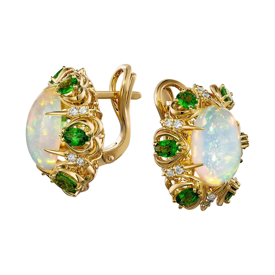 Серьги с опалом, тсаворитом, бриллиантами из желтого золота 750 пробы, фото № 2