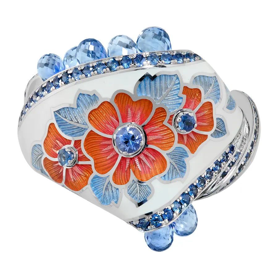 Кольцо с сапфиром, эмалью из белого золота 750 пробы, фото № 2