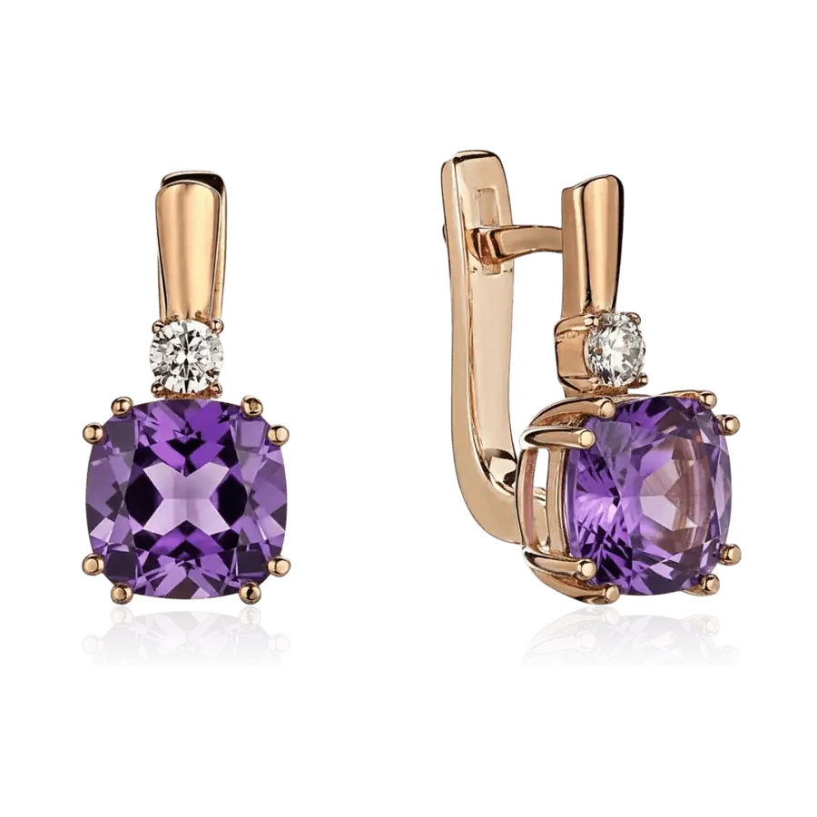 Серьги с аметистом, фианитом из красного золота 585 пробы, фото № 1
