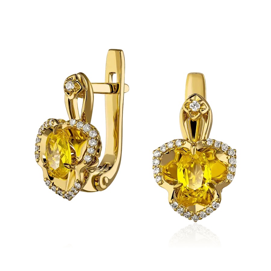 Серьги с сапфиром, бриллиантами из желтого золота 750 пробы, фото № 1