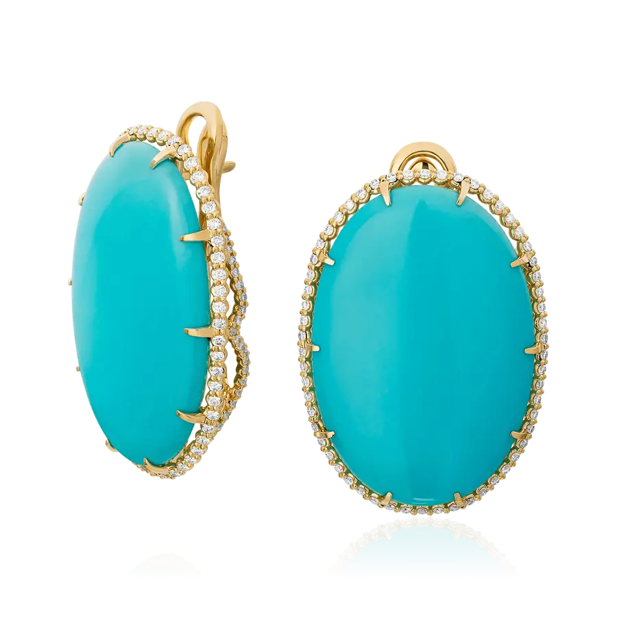 Серьги с бриллиантами, бирюзой из желтого золота 750 пробы, фото № 1