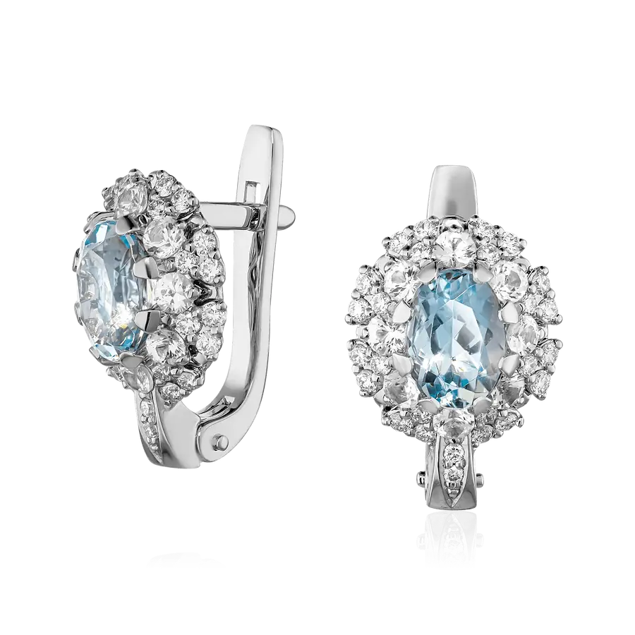 Серьги с аквамарином, сапфиром, бриллиантами из белого золота 585 пробы, фото № 1