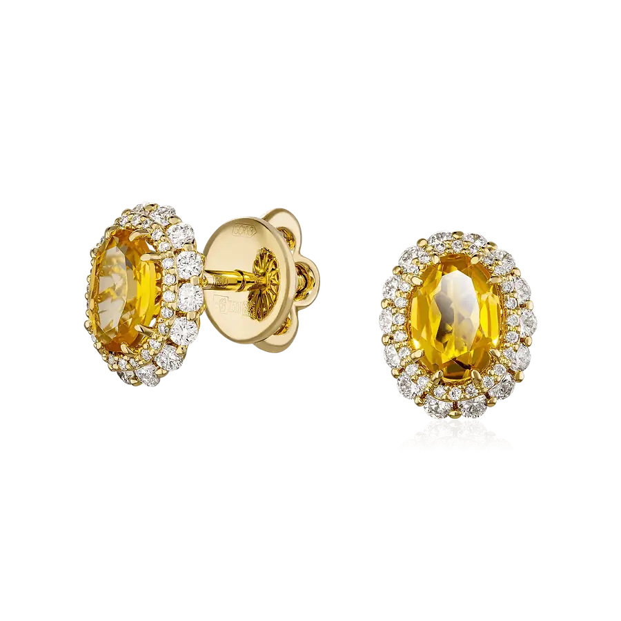 Серьги с цитрином, бриллиантами из желтого золота 750 пробы, фото № 1