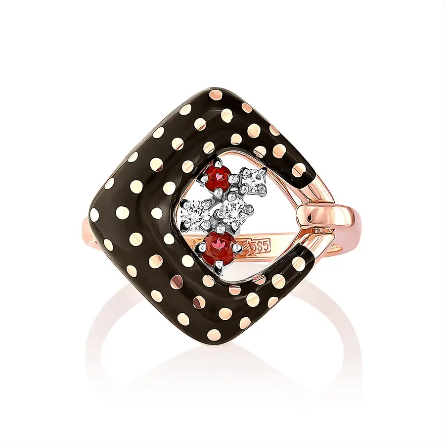 Кольцо с черной эмалью, топазами Swarovski, бриллиантами из красного золота 585 пробы, фото № 2