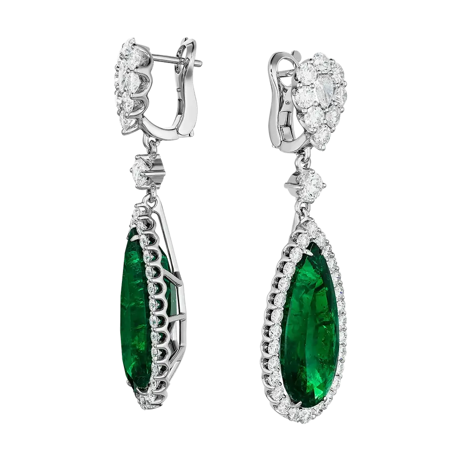 Серьги с изумрудом, бриллиантами из белого золота 750 пробы, фото № 2