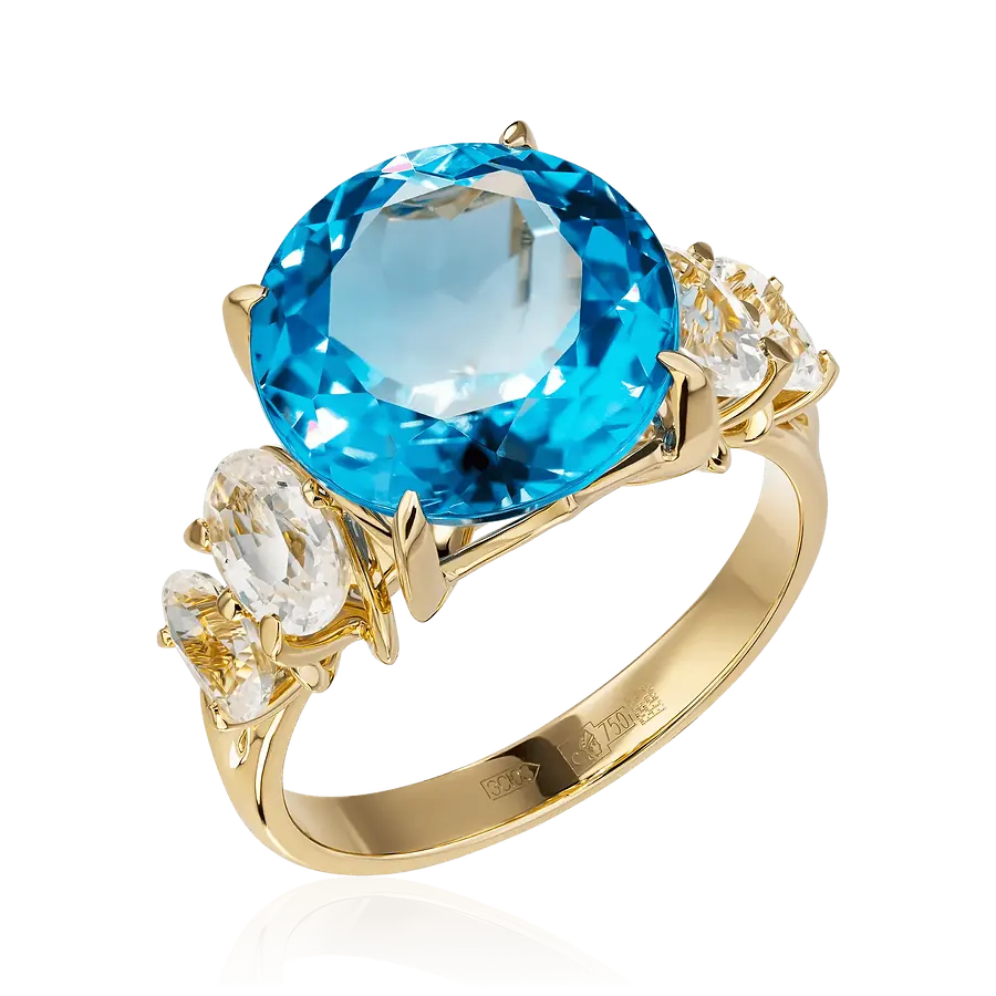 Кольцо с топазом, сапфиром из желтого золота 750 пробы, фото № 1