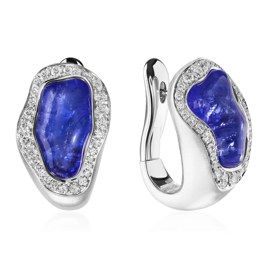Серьги с танзанитом, бриллиантами из белого золота 750 пробы, фото № 2