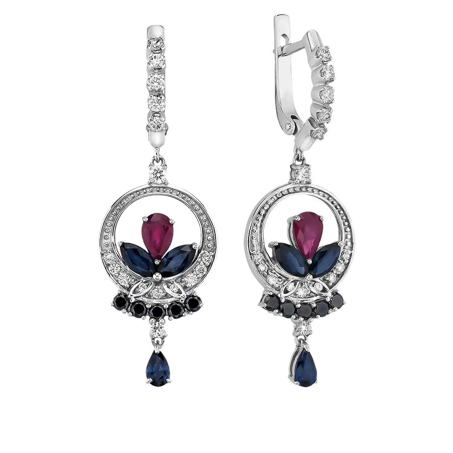 Серьги с рубином, сапфиром, бриллиантами из белого золота 750 пробы, фото № 1