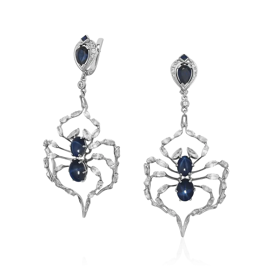 Серьги Пауки с сапфирами из белого золота 750 пробы, фото № 1