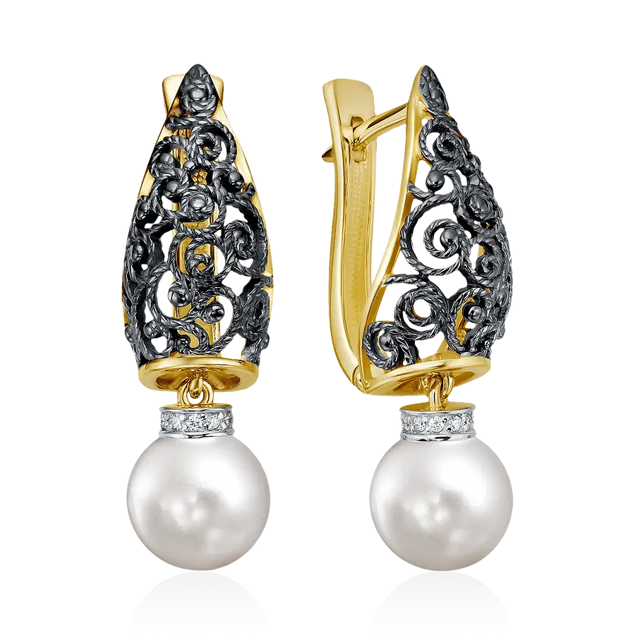 Серьги с жемчугом, бриллиантами из желтого золота 585 пробы, фото № 1