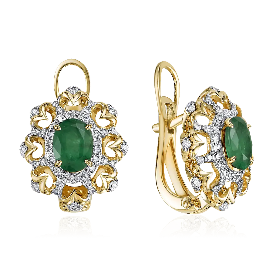 Серьги с изумрудом, бриллиантами из желтого золота 585 пробы, фото № 1
