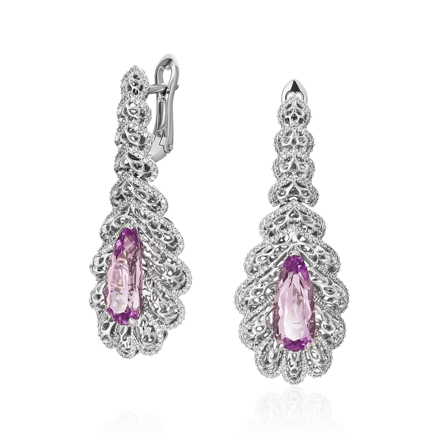 Серьги с кунцитом, бриллиантами из белого золота 750 пробы, фото № 1