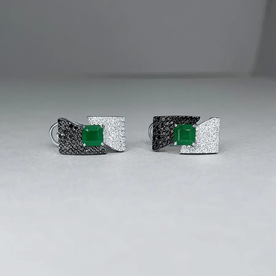 Серьги с изумрудом, бриллиантами из белого золота 585 пробы, фото № 2