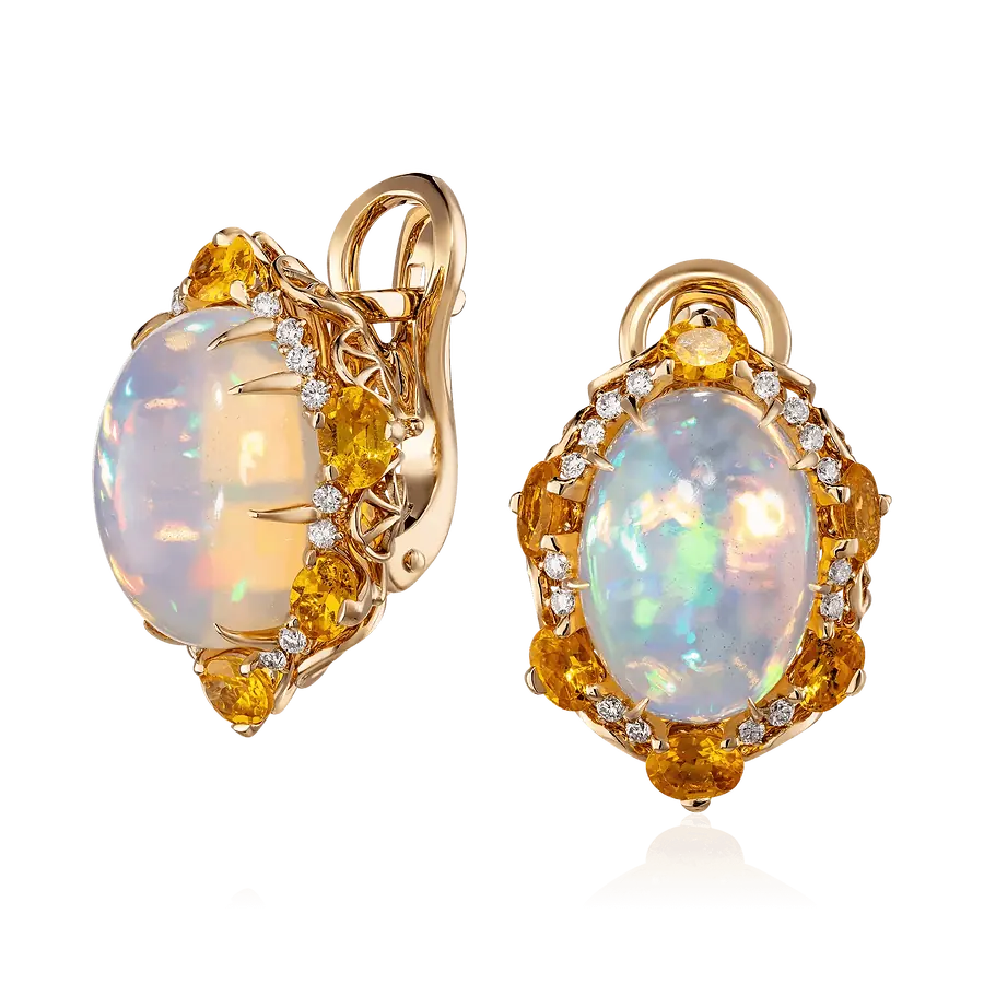 Серьги с бриллиантами, опалом из красного золота 585 пробы, фото № 1