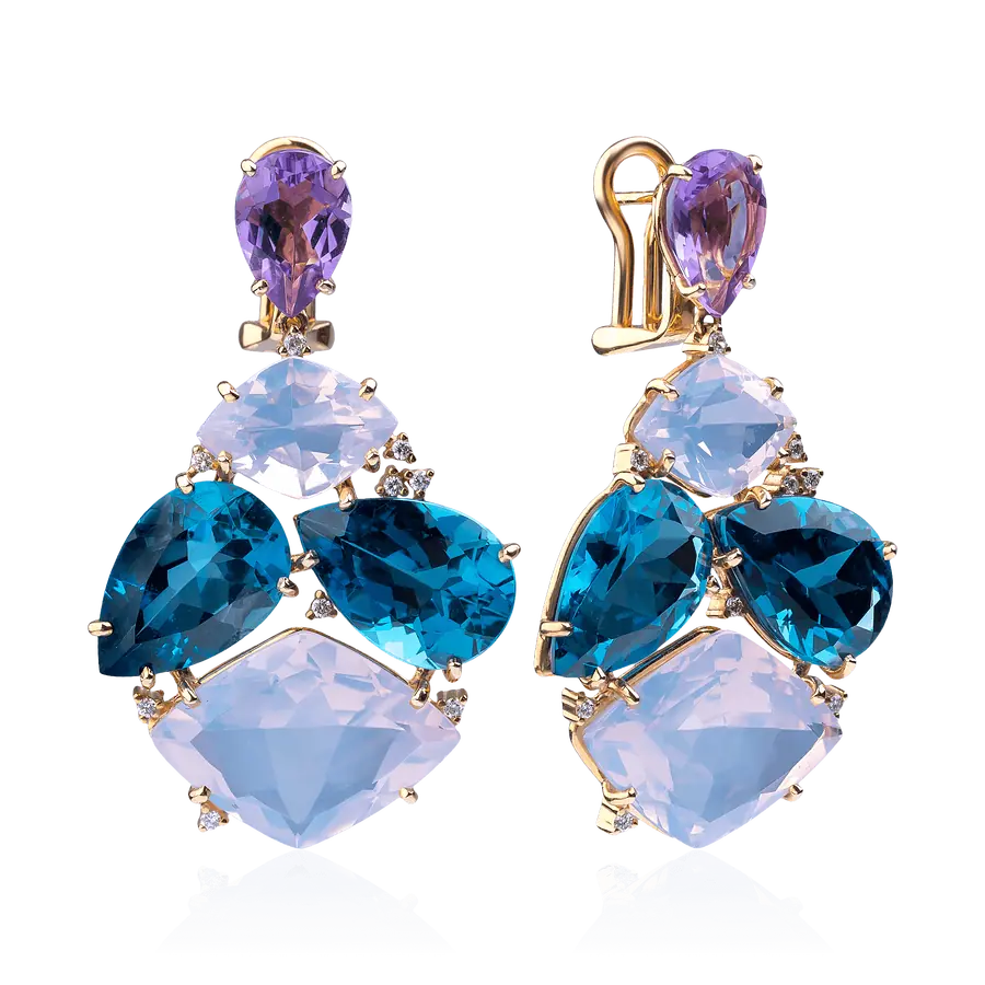 Серьги Vianna с топазом, аметистом, бриллиантами из желтого золота 750 пробы, фото № 1