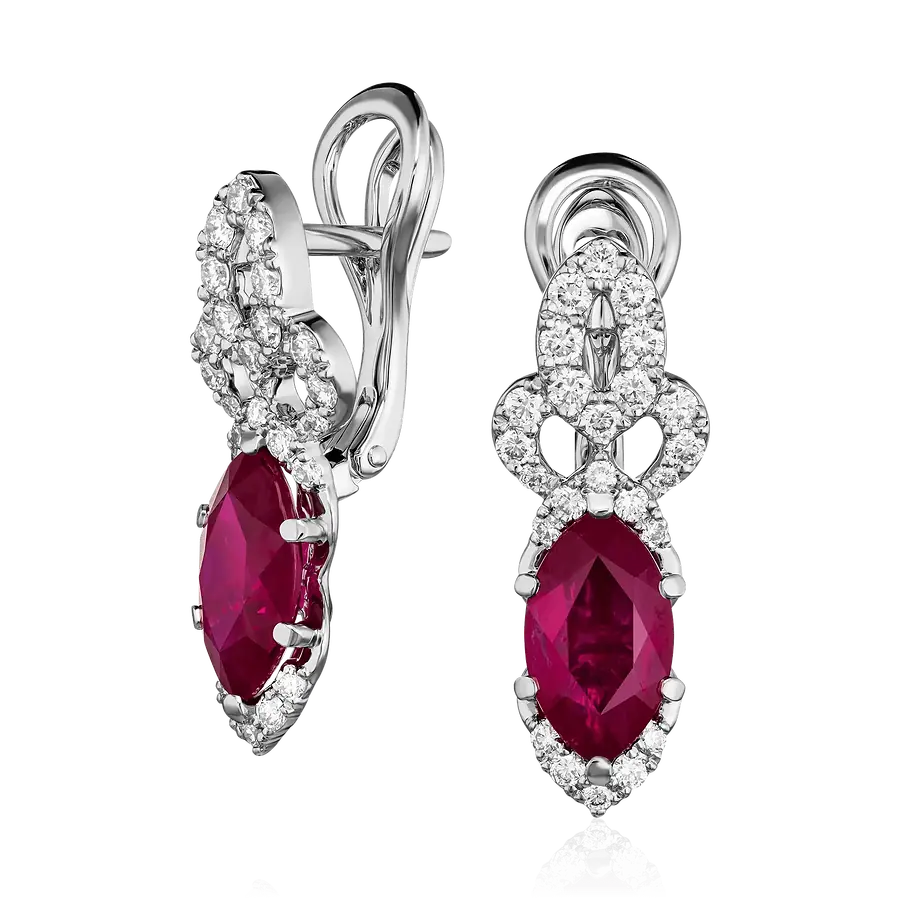 Серьги с рубином, бриллиантами из белого золота 750 пробы, фото № 1