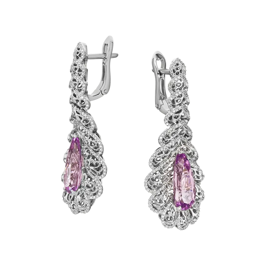 Серьги с кунцитом, бриллиантами из белого золота 750 пробы, фото № 2
