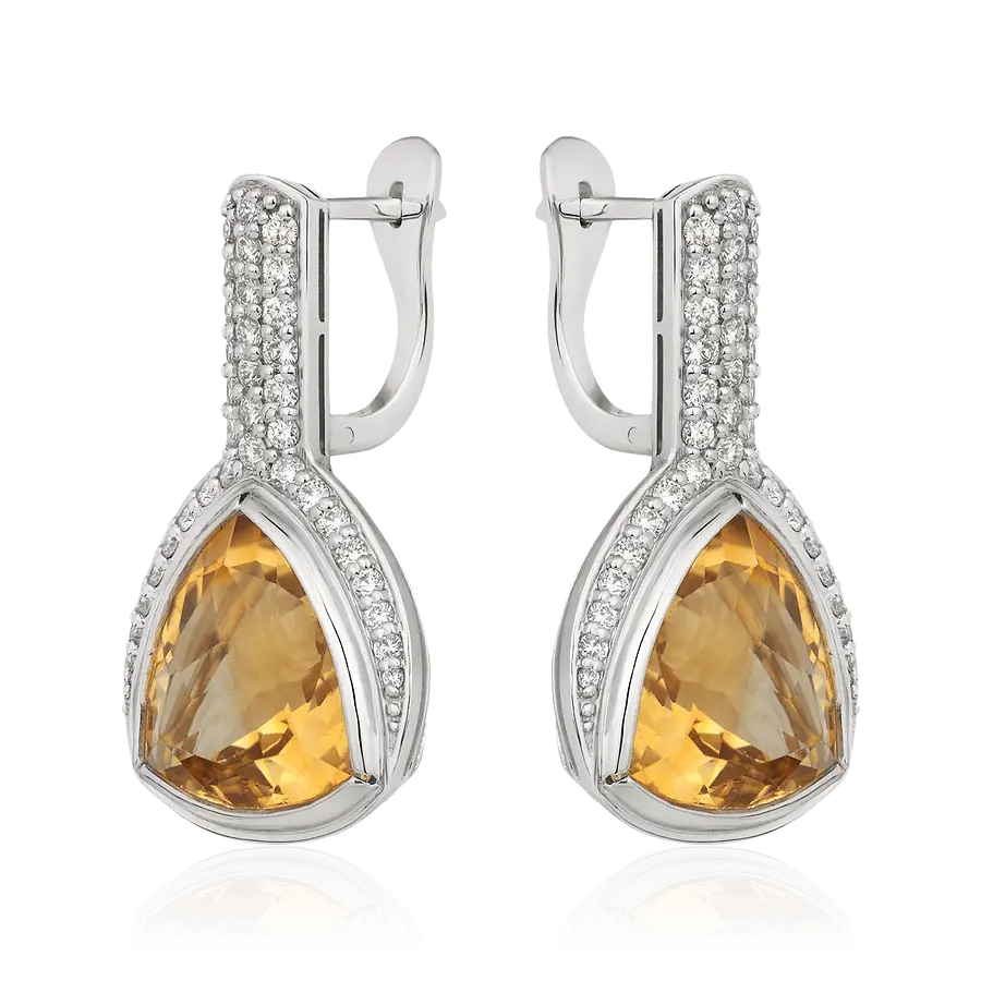 Серьги с цитрином, бриллиантами из белого золота 750 пробы, фото № 1
