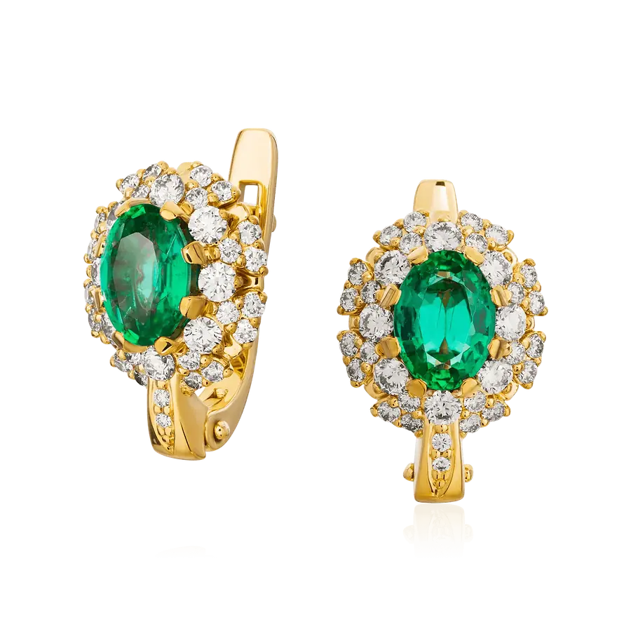 Серьги с изумрудом, бриллиантами из желтого золота 750 пробы, фото № 1