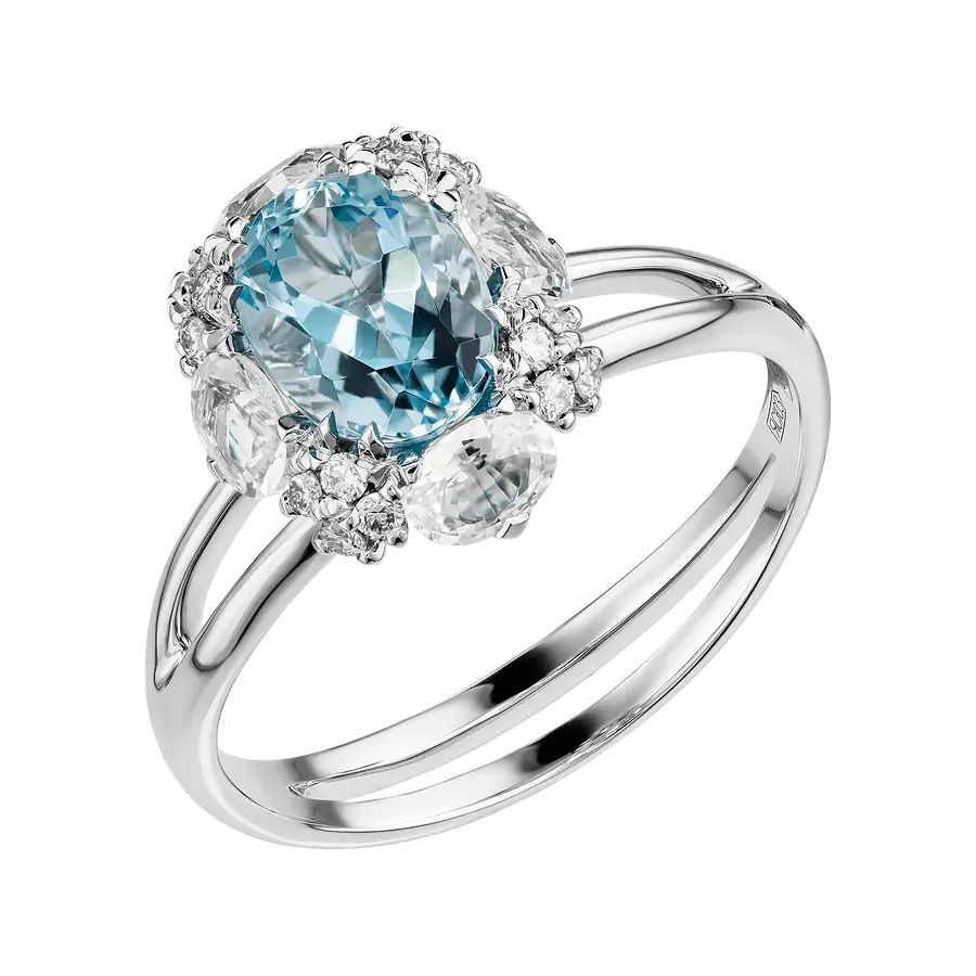 Кольцо с сапфиром, аквамарином, бриллиантами из белого золота 585 пробы, фото № 1