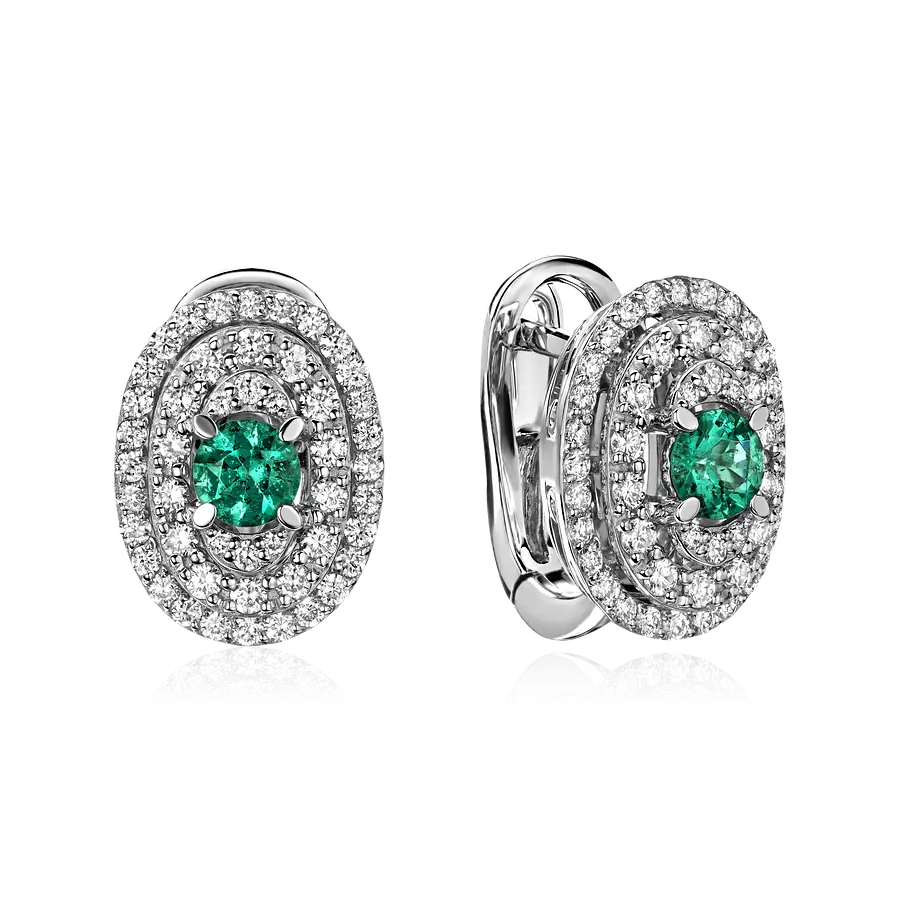 Серьги с изумрудом, бриллиантами из белого золота 585 пробы, фото № 1