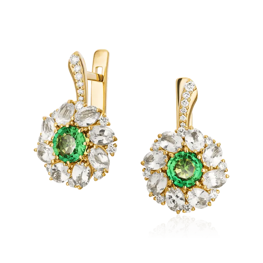 Серьги с изумрудом, сапфиром, бриллиантами из желтого золота 750 пробы, фото № 1
