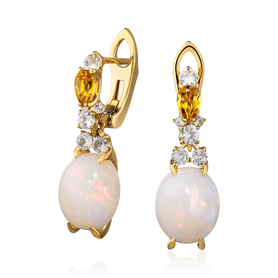 Серьги с опалом, цитрином, сапфиром из комбинированного золота 750 пробы, фото № 1