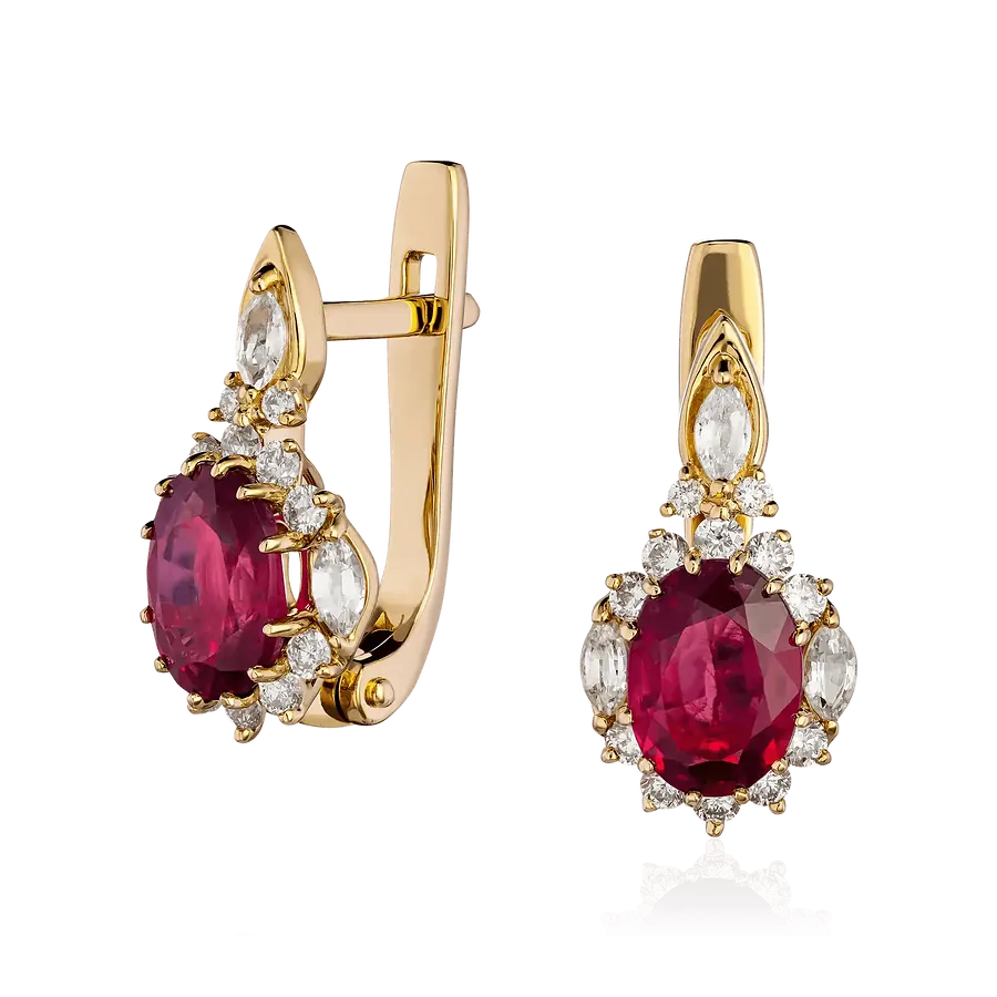 Серьги с рубином, сапфиром, бриллиантами из желтого золота 585 пробы, фото № 1
