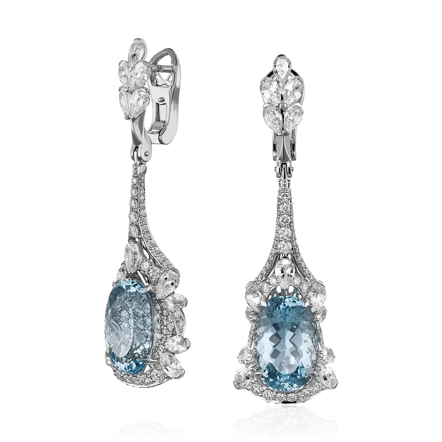 Серьги с аквамарином, сапфиром, бриллиантами из белого золота 750 пробы, фото № 1