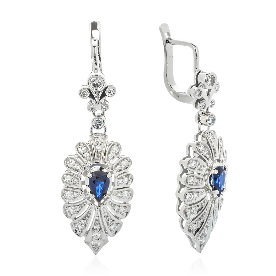 Серьги с сапфиром, бриллиантами из белого золота 585 пробы, фото № 1