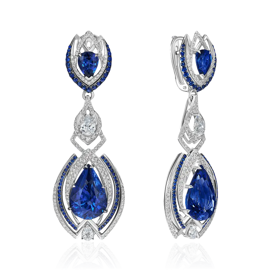 Серьги с сапфиром, бриллиантами из белого золота 750 пробы, фото № 1
