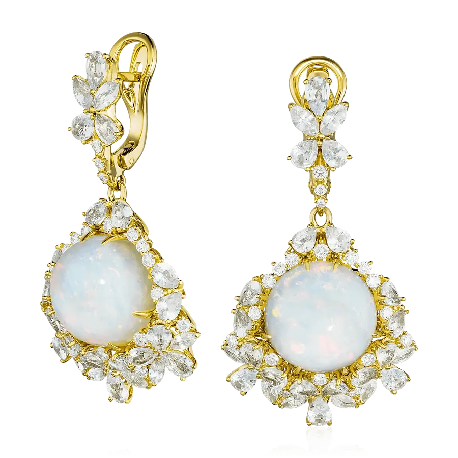 Серьги с сапфиром, опалом, бриллиантами из желтого золота 750 пробы, фото № 1