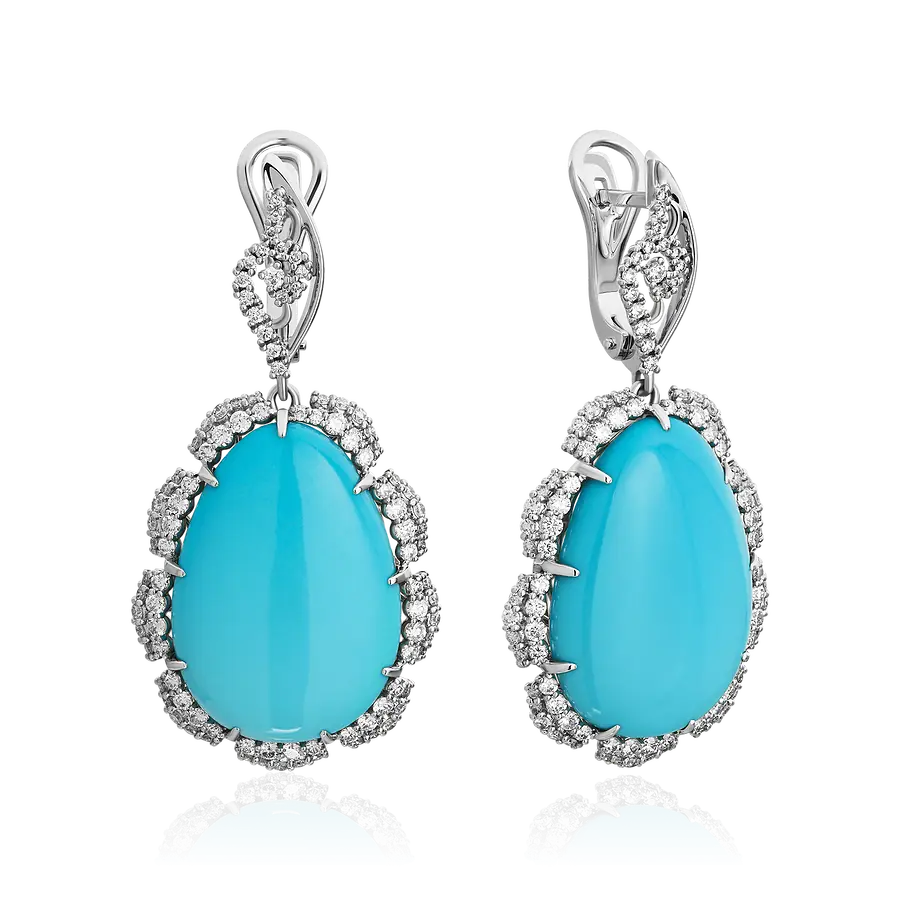 Серьги с бриллиантами, бирюзой из белого золота 585 пробы, фото № 1