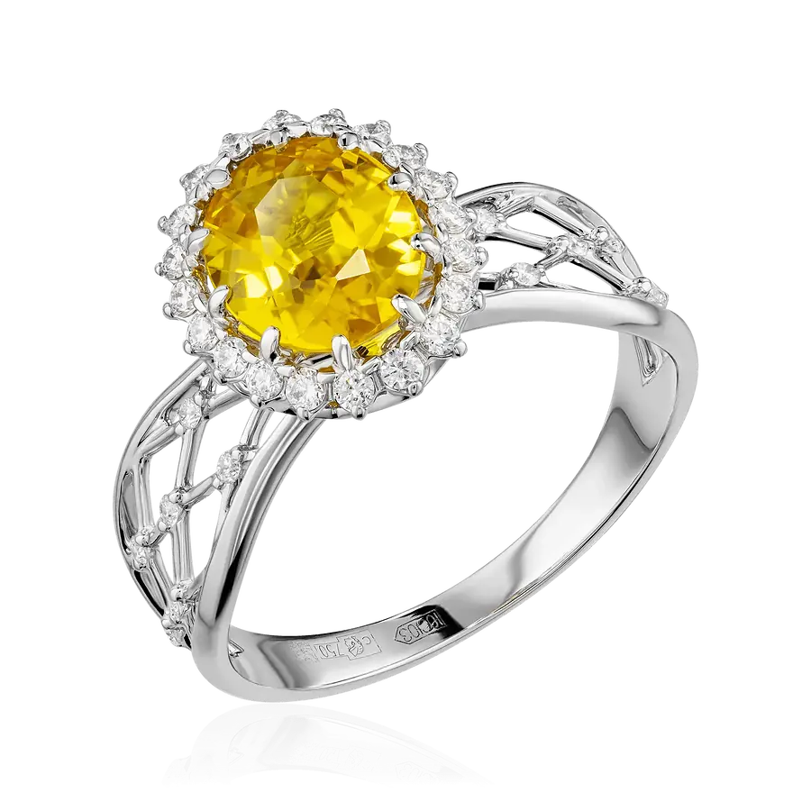 Кольцо с желтым сапфиром, бриллиантами из белого золота 750 пробы, фото № 1