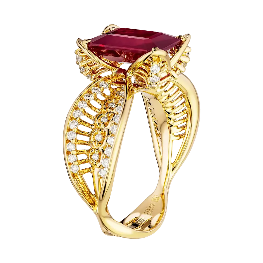 Кольцо с рубином, бриллиантами из желтого золота 750 пробы, фото № 3