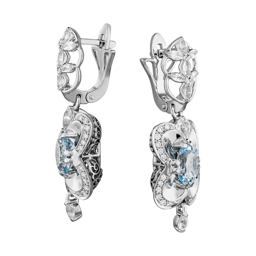 Серьги с аквамарином, сапфиром, бриллиантами из белого золота 585 пробы, фото № 2