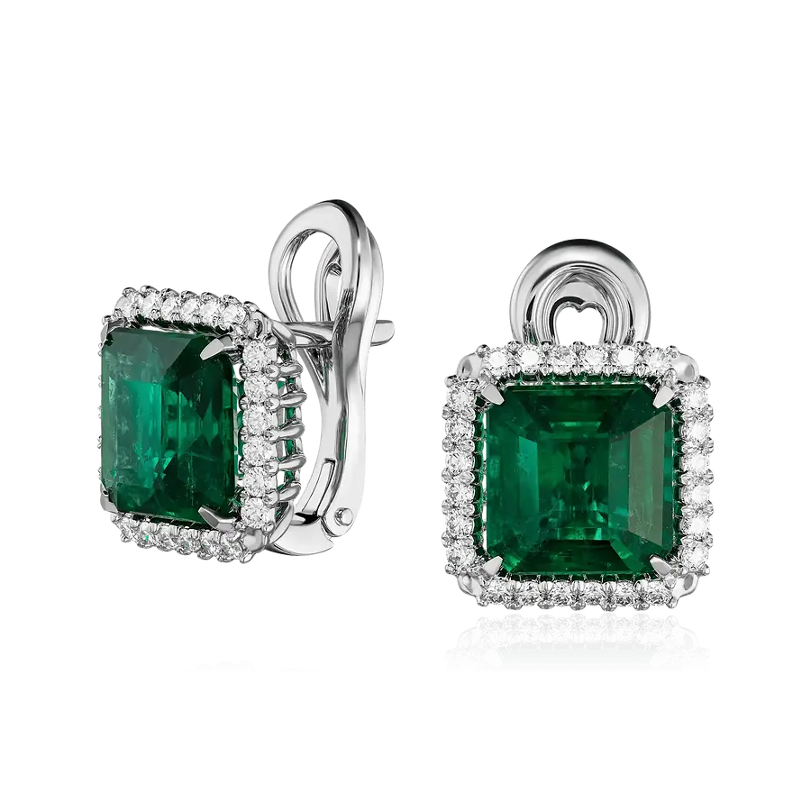 Серьги с изумрудом, бриллиантами из белого золота 750 пробы, фото № 1