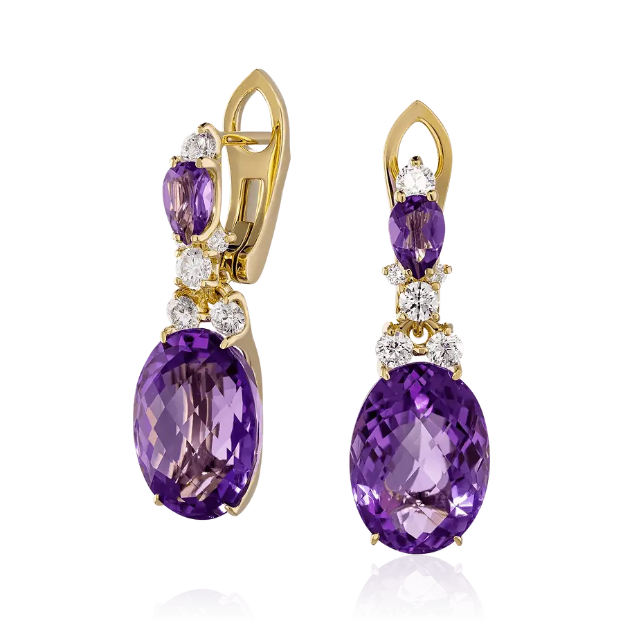 Серьги с аметистом, бриллиантами из комбинированного золота 750 пробы, фото № 1