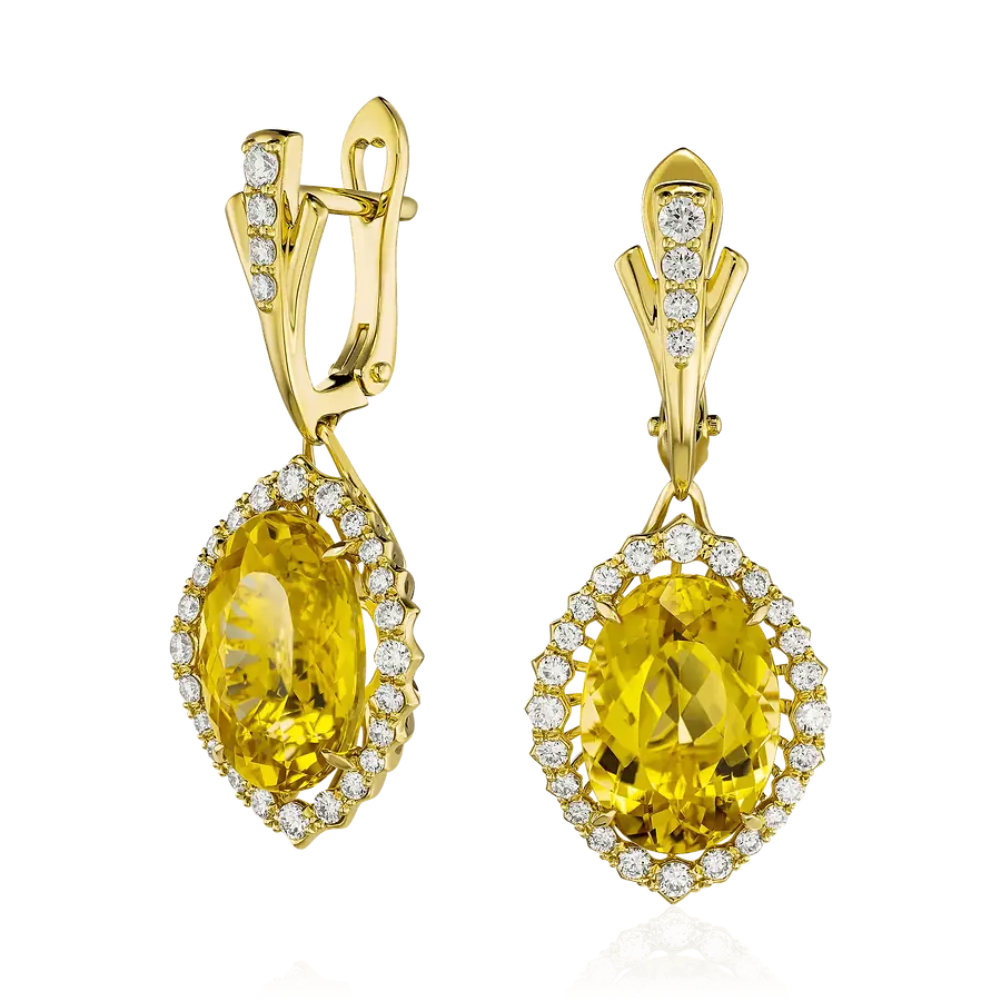 Серьги с гелиодором , бриллиантами из желтого золота 750 пробы, фото № 1