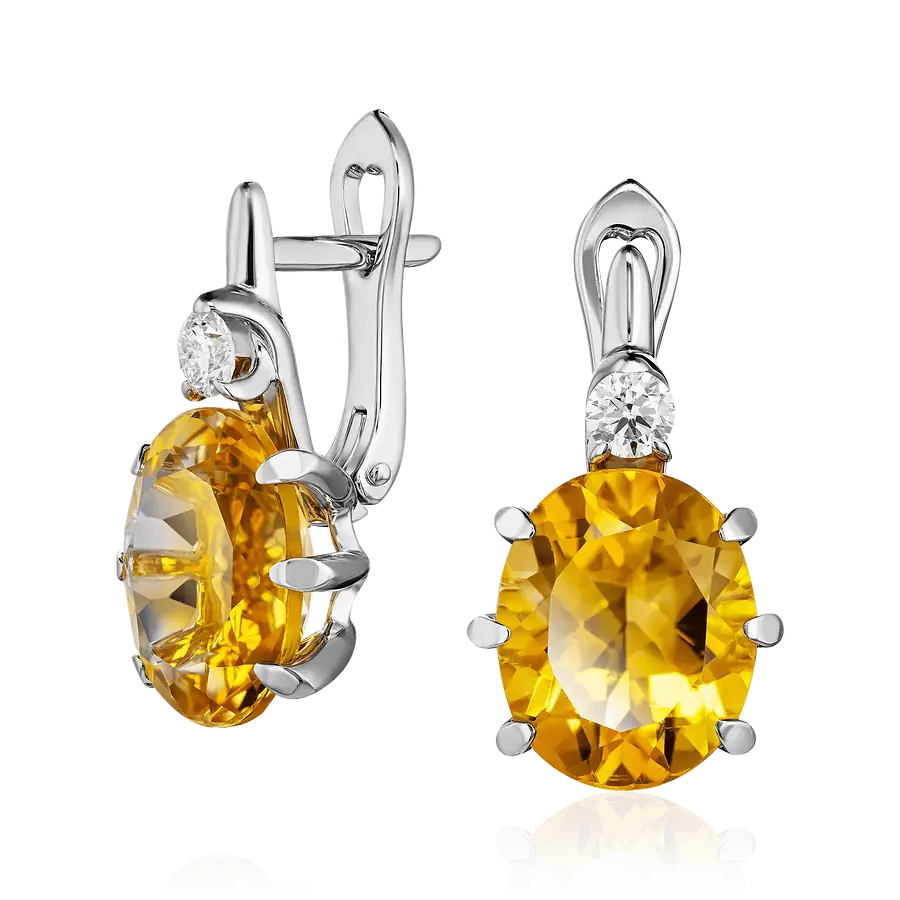 Серьги с бриллиантами, цитрином из белого золота 585 пробы, фото № 1