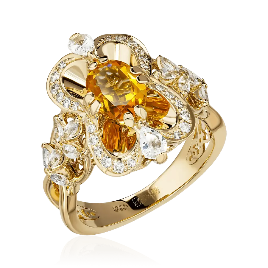 Кольцо с цитрином, сапфиром, бриллиантами из желтого золота 750 пробы, фото № 1