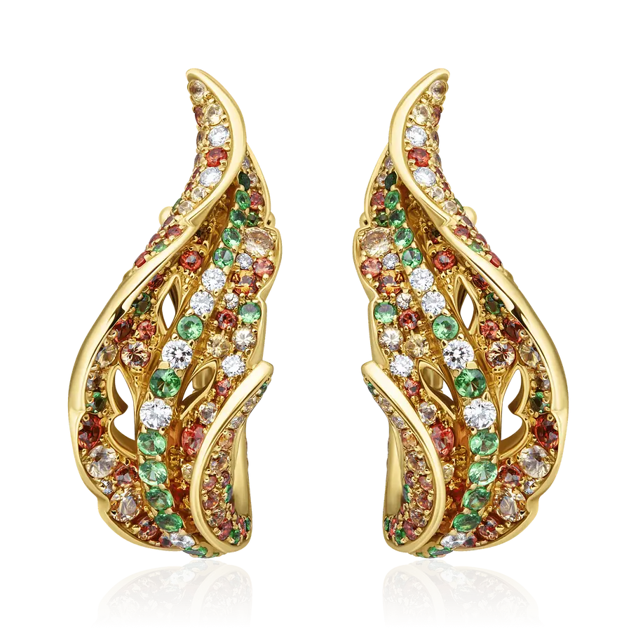 Серьги с сапфиром, тсаворитом, бриллиантами из желтого золота 750 пробы, фото № 1