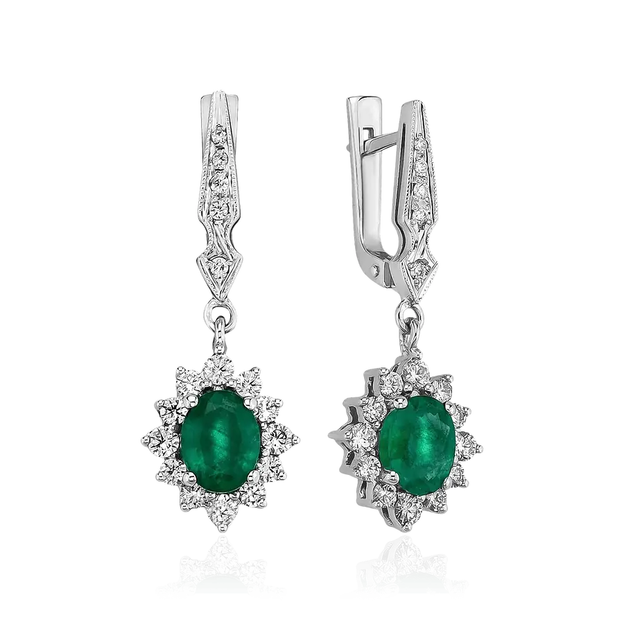 Серьги с изумрудом, бриллиантами из белого золота 585 пробы, фото № 1
