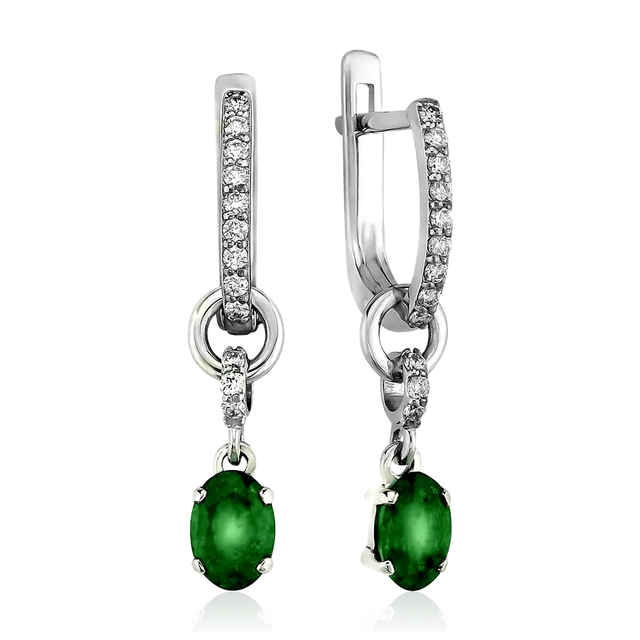 Серьги с изумрудом, бриллиантами из белого золота 585 пробы, фото № 1