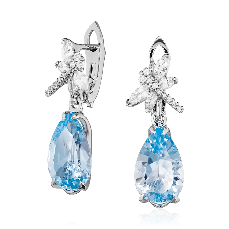 Серьги с топазом, сапфиром, бриллиантами из белого золота 585 пробы, фото № 1